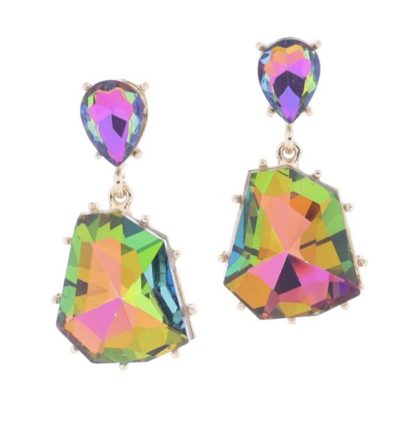 Multi Color Shift Teardrop Crystal Post with Color Shift Organic Trapezoid Shaped Crystal Earrings